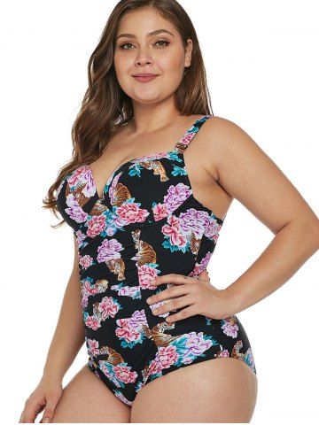 

Plus Size Tiger and Floral Print Back Strappy Swimwear, Multi