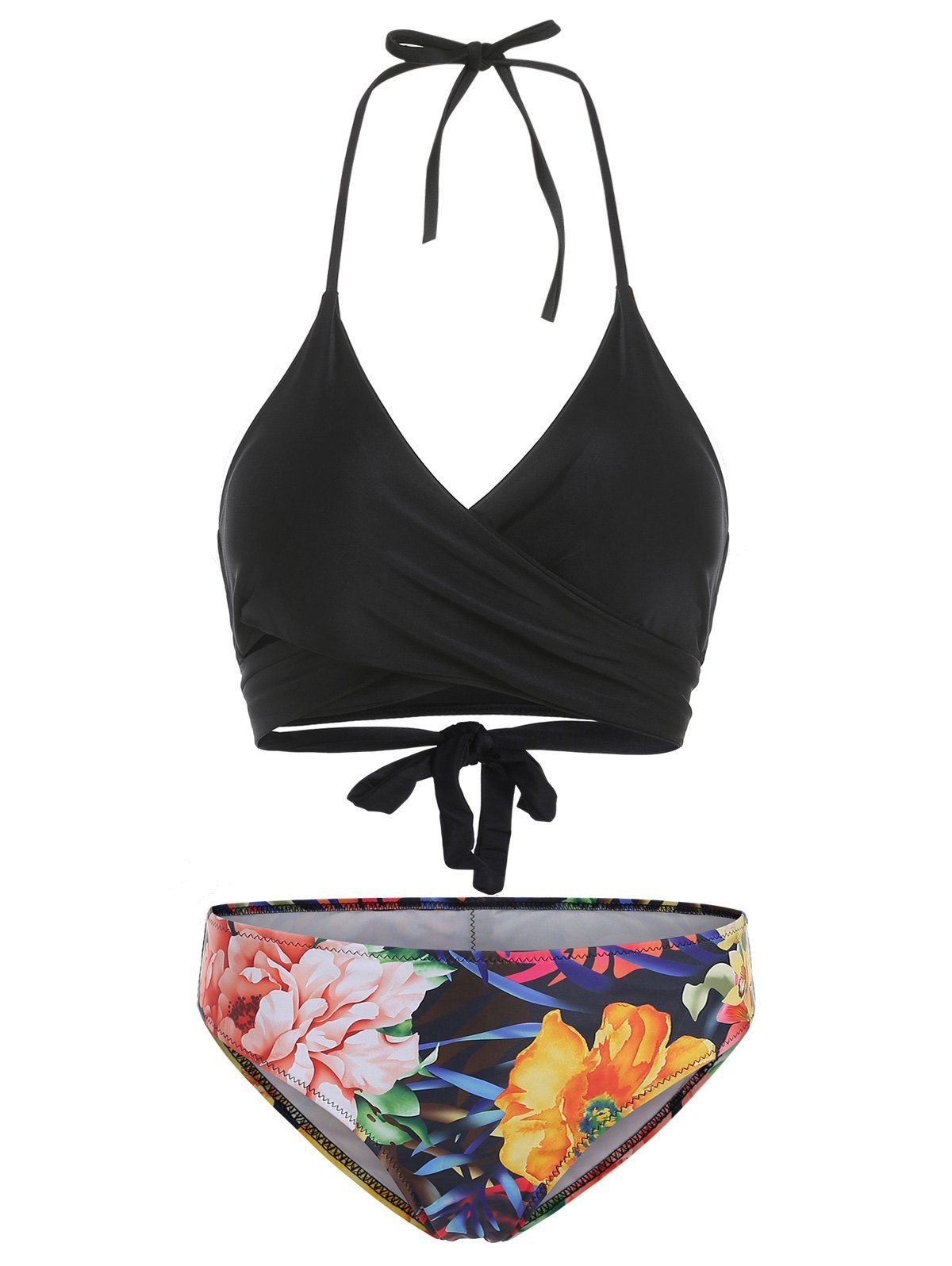 

Halter Neck Floral Print Padded Bikini Set, Black