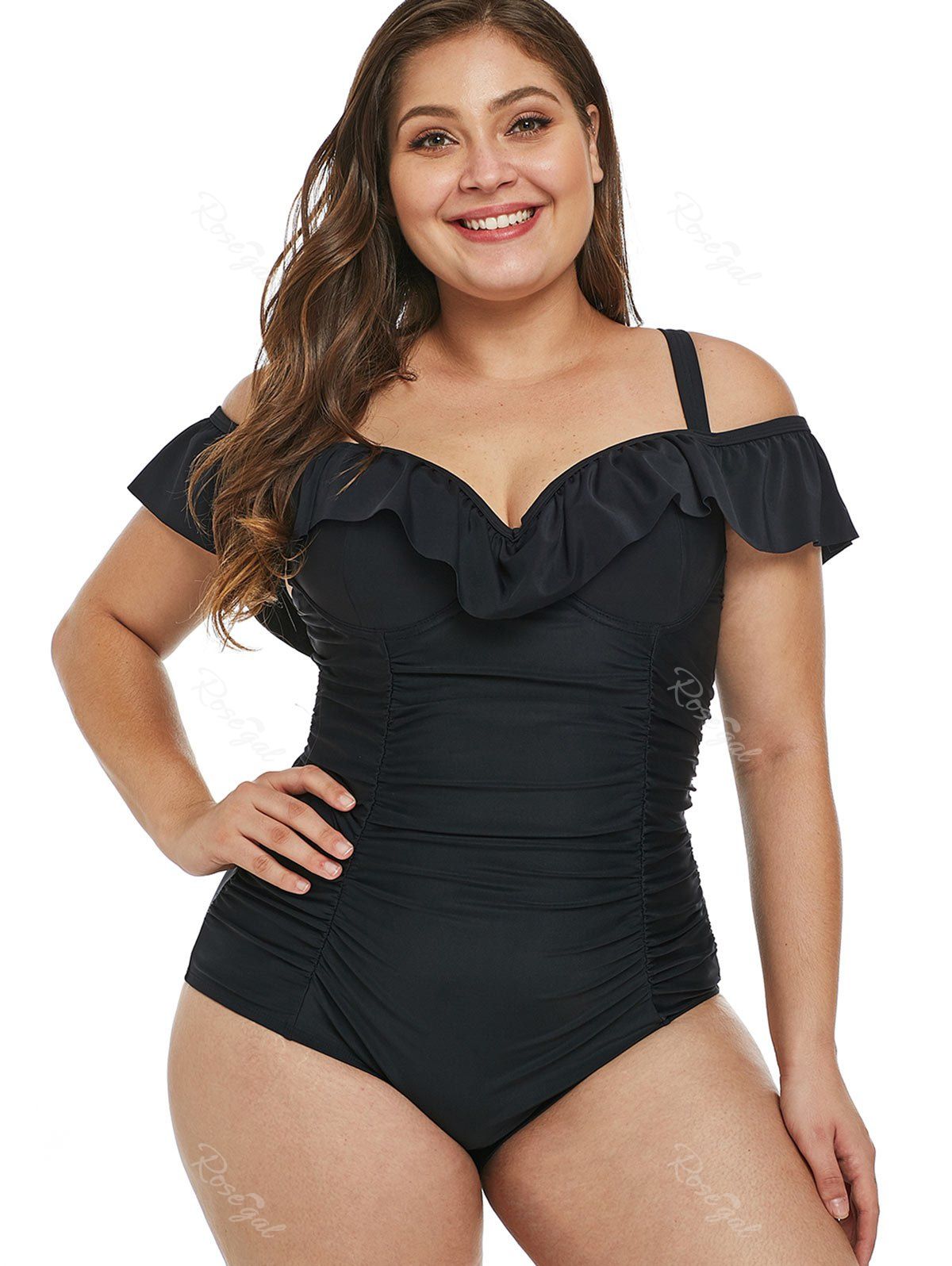 

Flounce Trim Ruched Plus Size Swimwear, Black