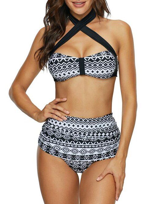 

Geometric Print Halter Padded Bikini Set, Black