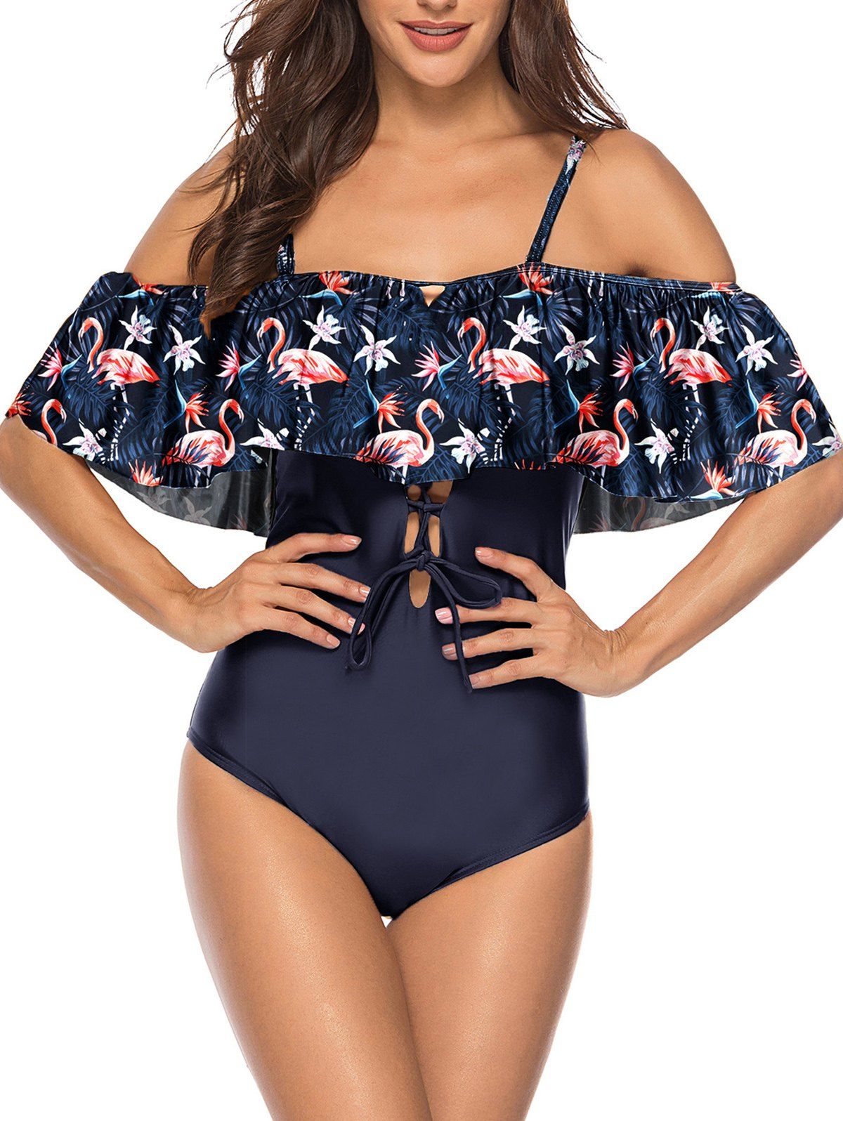 

Flamingo Print Overlay Cami Swimsuit, Cadetblue