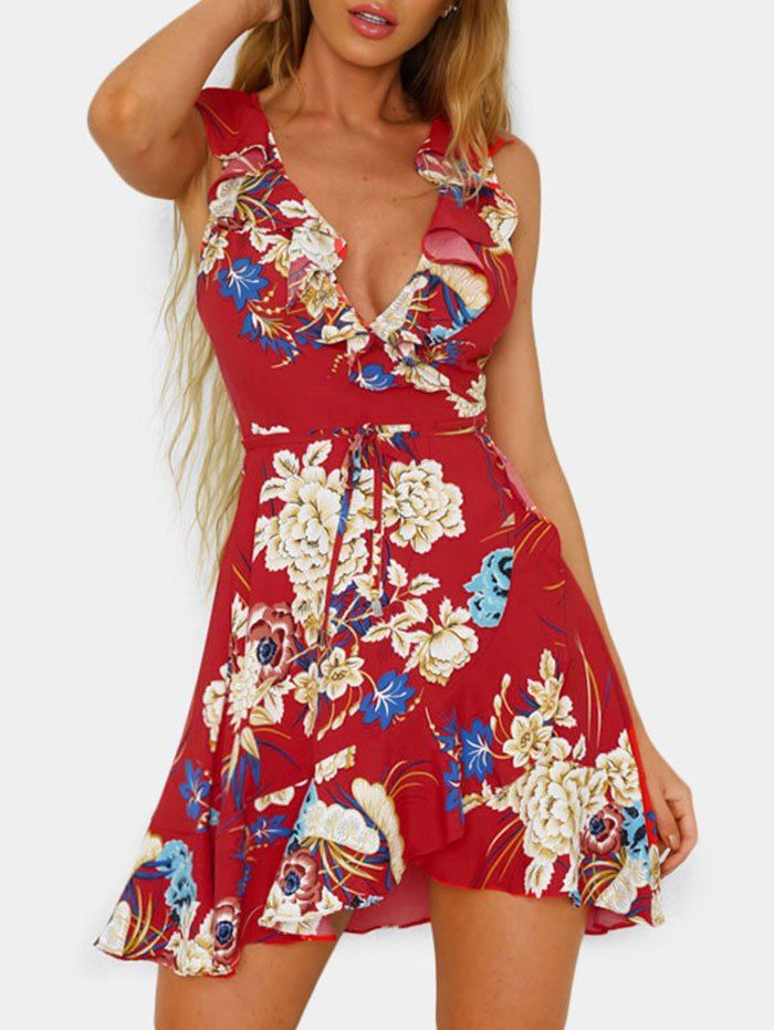 

Flower Print Belted Surplice Dress, Red