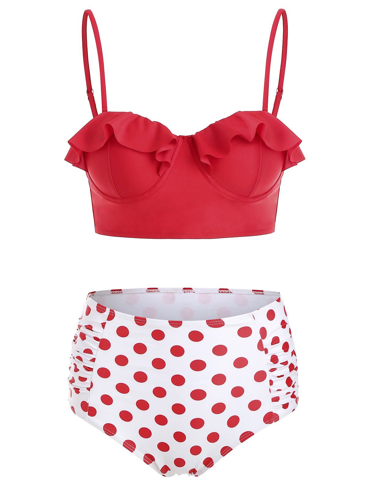 

Flounced Polka Dot Ruched Bikini Set, Red