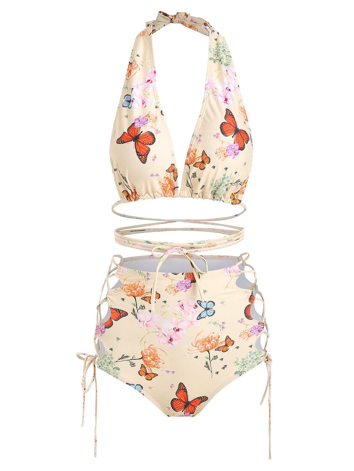 

Halter Floral Butterfly Print Lace Up Bikini Set, Blanched almond