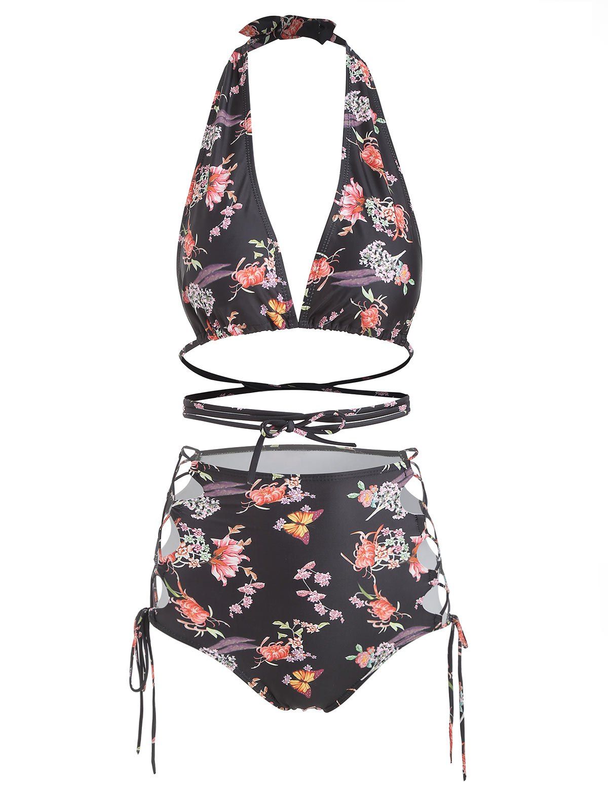 

Halter Floral Butterfly Print Lace Up Bikini Set, Black