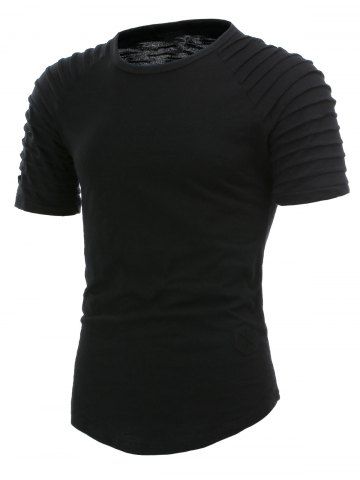 

Solid Color Pleated Sleeve Curved Hem T-shirt, Black
