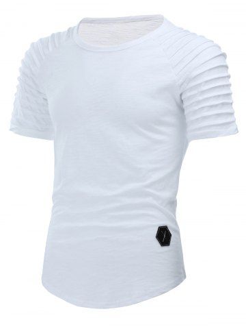 

Solid Color Pleated Sleeve Curved Hem T-shirt, White