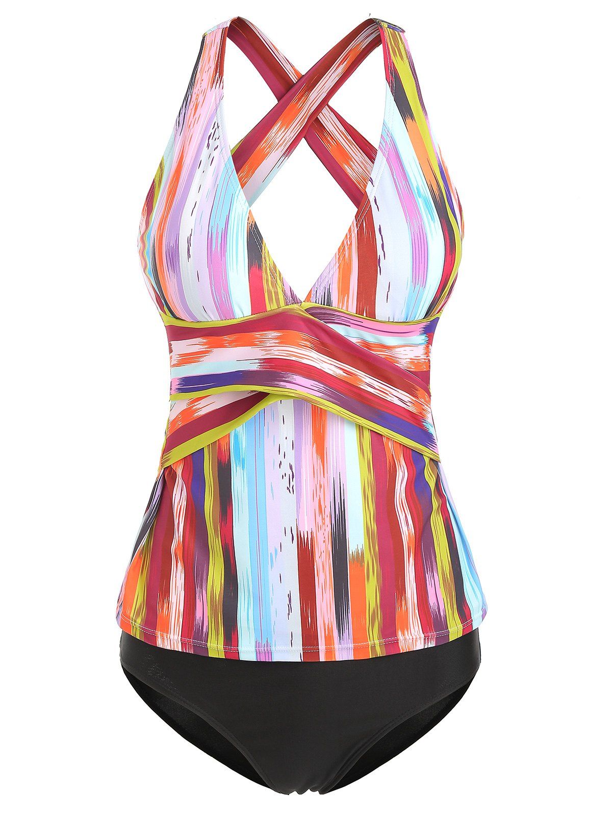 

Contrast Striped Criss Cross Tankini Set, Multi