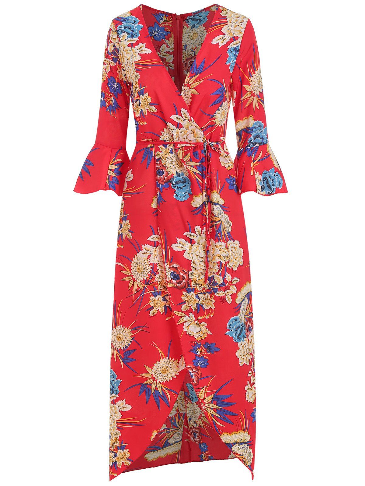 

Floral Print Flare Sleeve Wrap Dress, Red