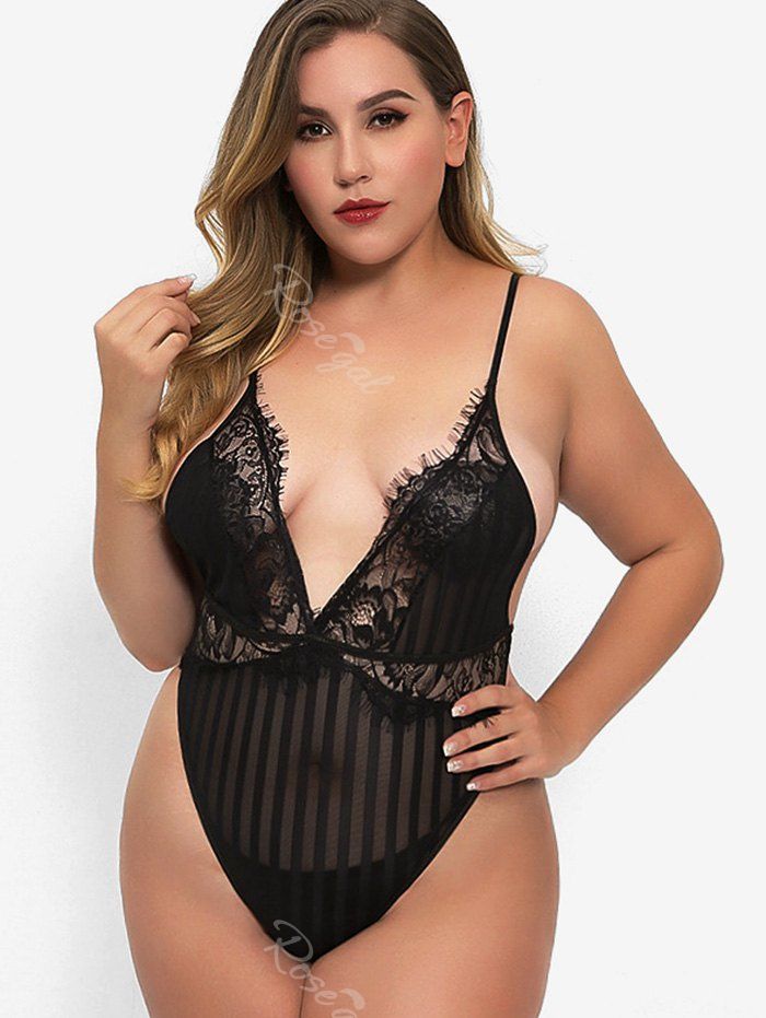 [39 Off] Rosegal Eyelash Lace Trim Plus Size See Through Teddy Rosegal