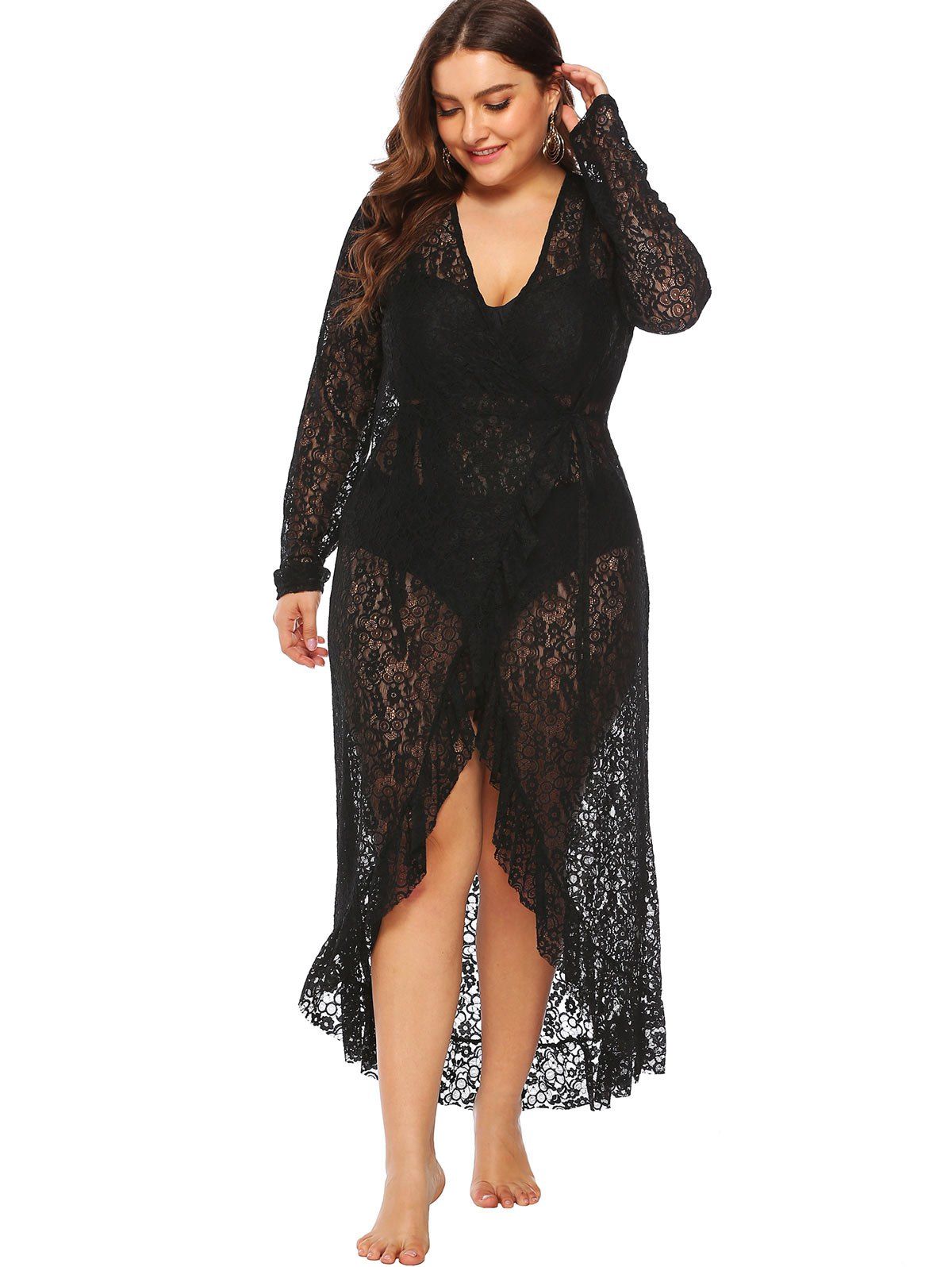 [26 Off] Asymmetrical Plus Size Lace Cover Up Rosegal