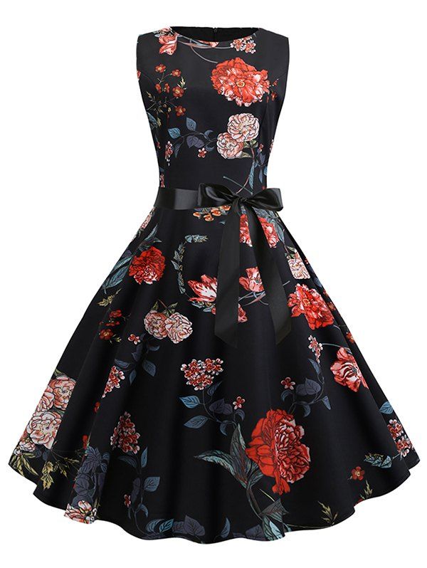 

Vintage Floral Print Belted Flared Dress, Multi-a