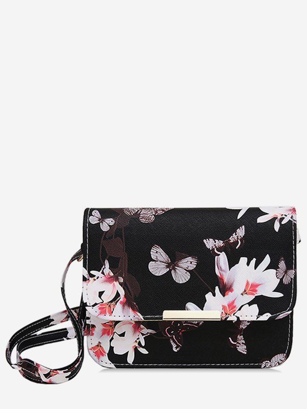 

Butterfly and Flowers Print Flap Crossbody Bag, Black
