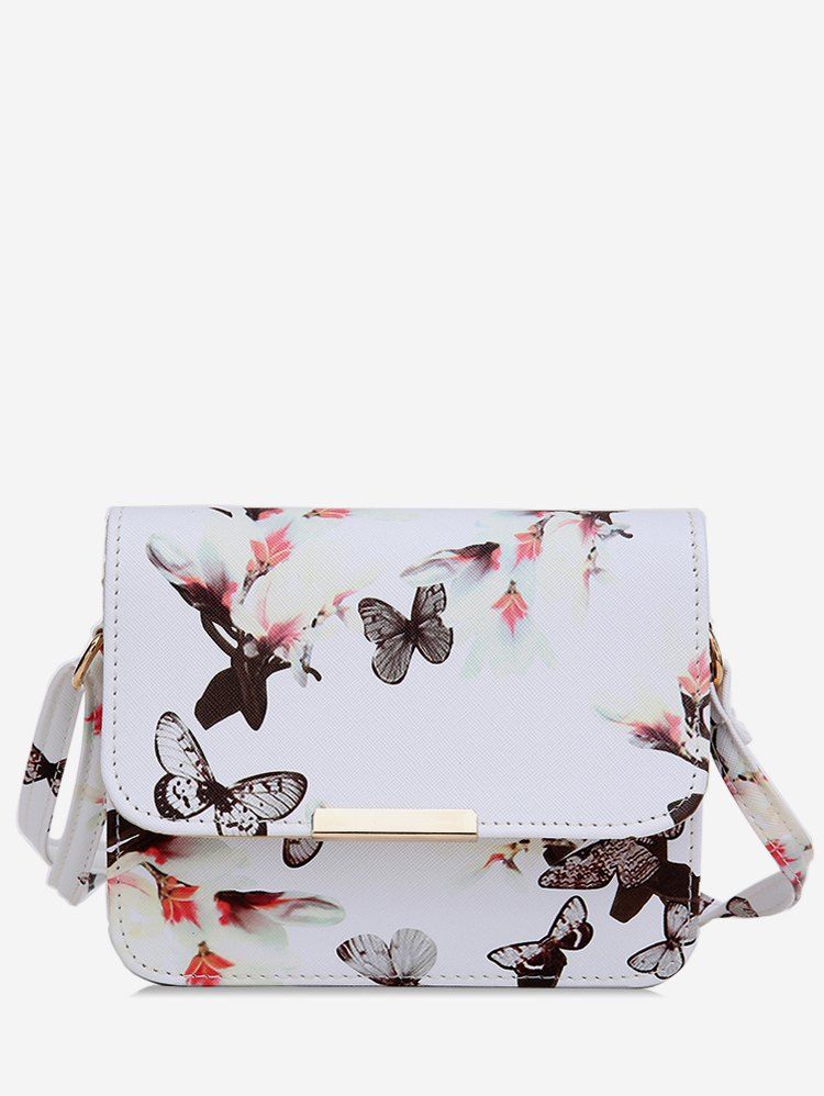 

Butterfly and Flowers Print Flap Crossbody Bag, White