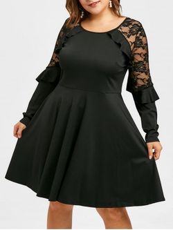 Plus Size Lace Insert Mini Flare Dress - BLACK - L