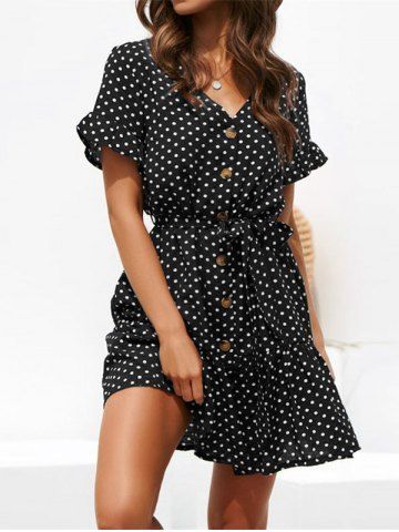 

V Neck Polka Dot Button Dress, Black