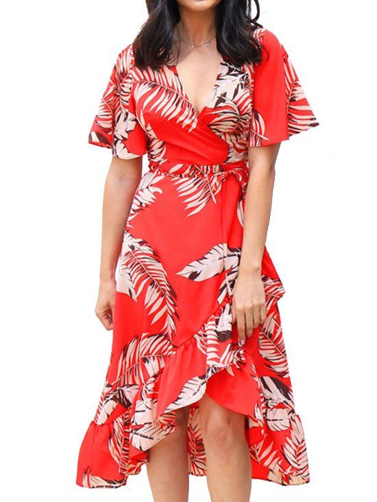 

Leaves Print Ruffle Wrap Dress, Ruby red