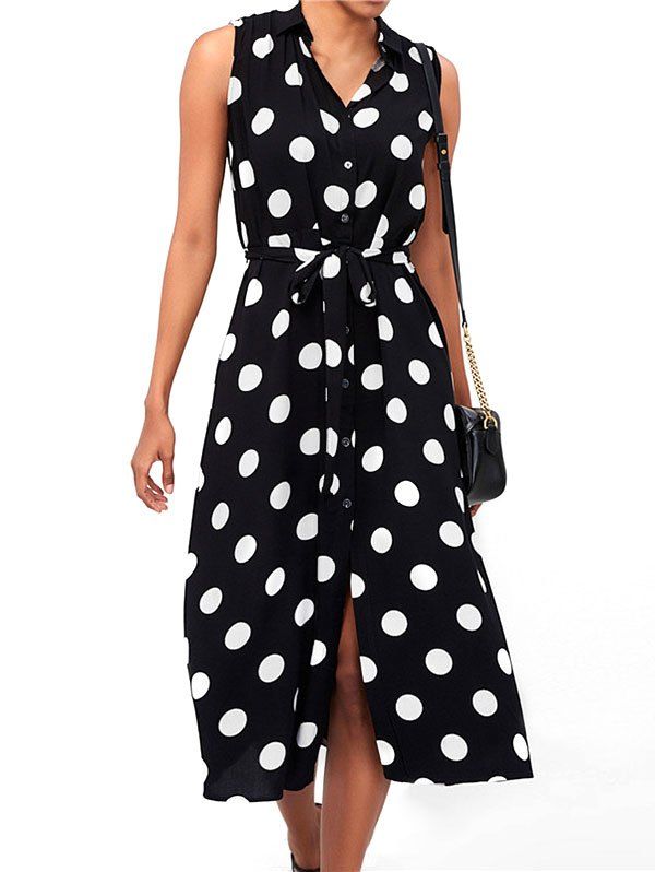 

Polka Dot Turn Down Collar Belted Dress, Black