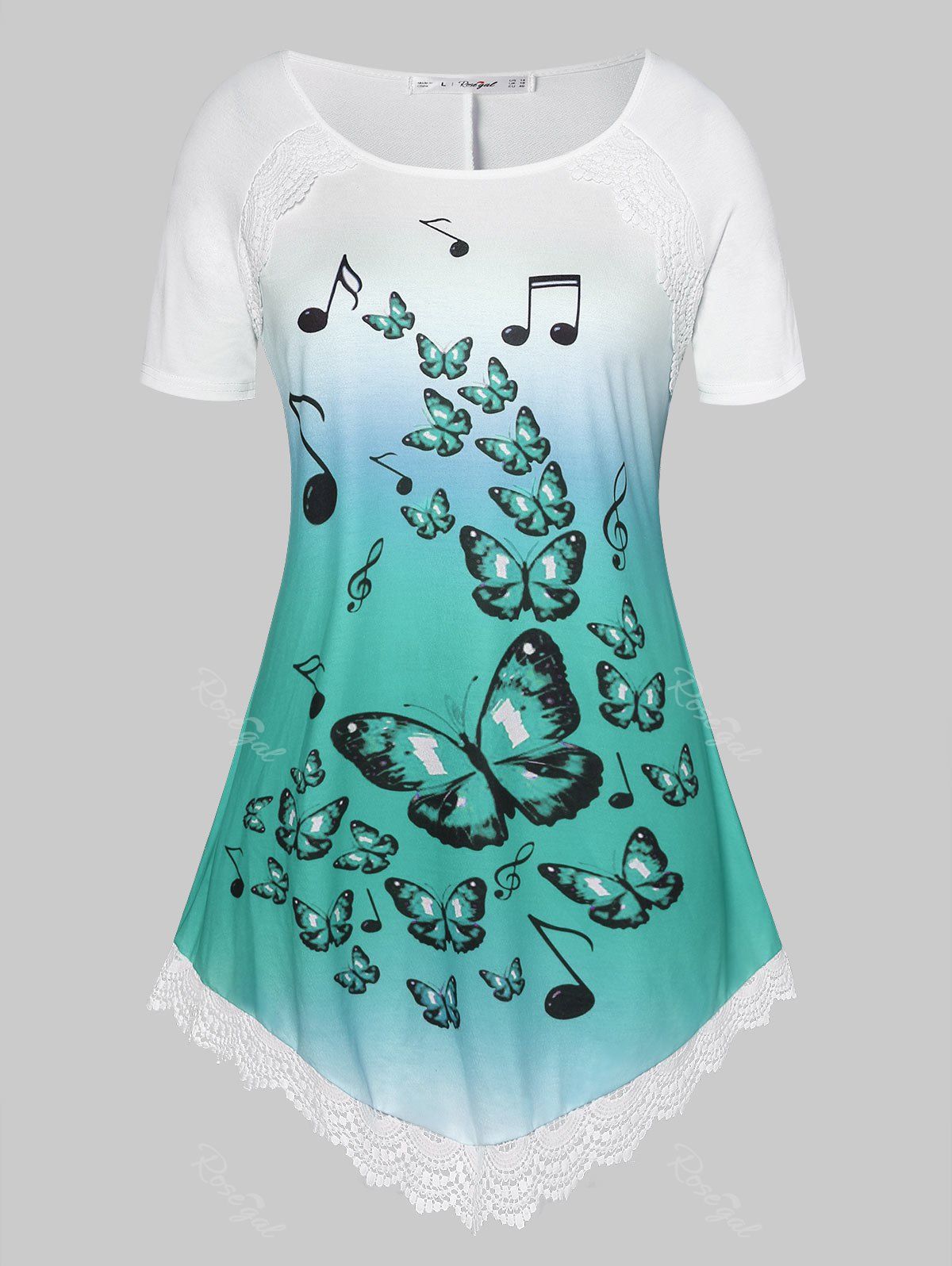 

Plus Size Ombre Printed Lace Insert T Shirt, Blue hosta