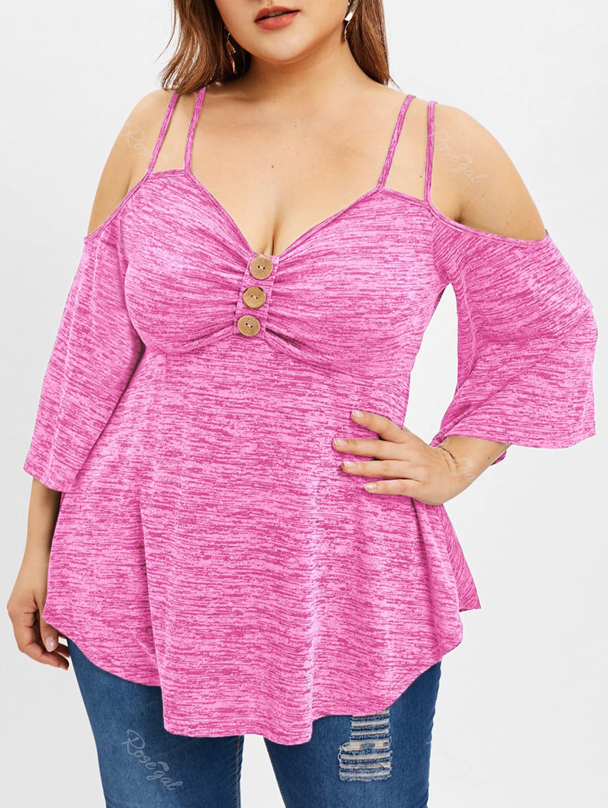 

Plus Size Straps Flare Sleeve Cold Shoulder T-shirt, Light pink