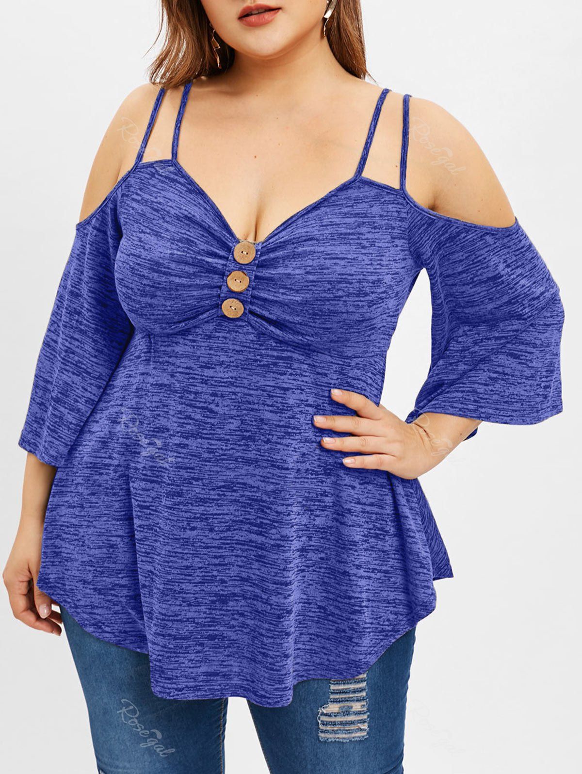 

Plus Size Straps Flare Sleeve Cold Shoulder T-shirt, Navy blue