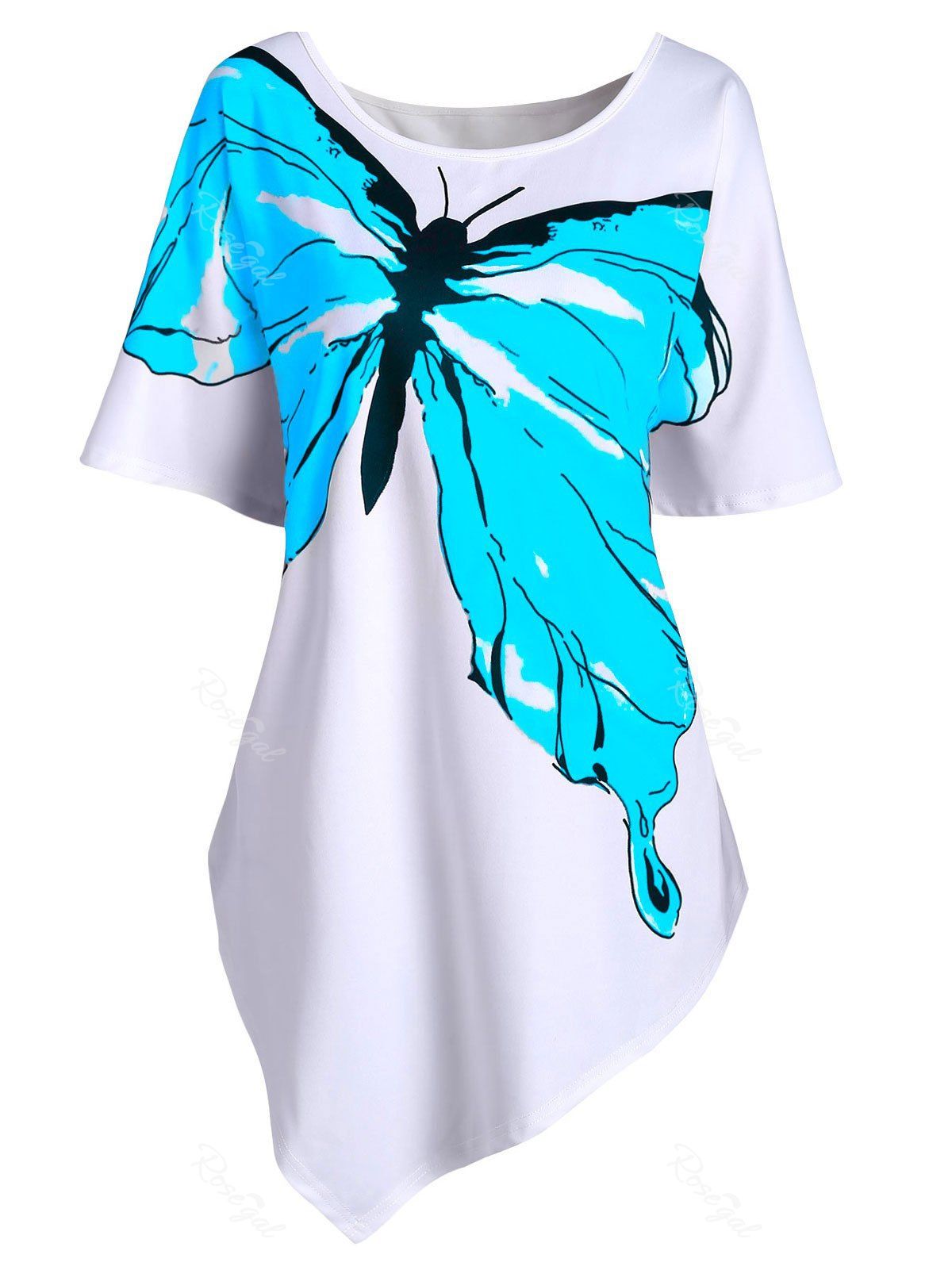 

Plus Size Butterfly Pattern Asymmetrical T Shirt, Blue zircon