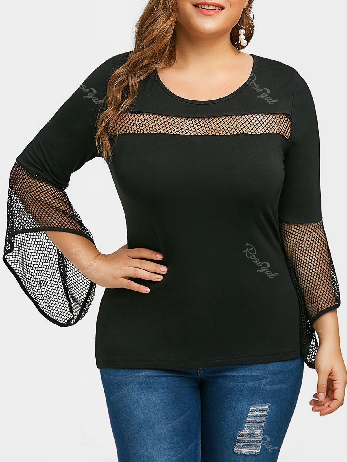 

Plus Size Mesh Panel Flare Sleeve T-shirt, Black