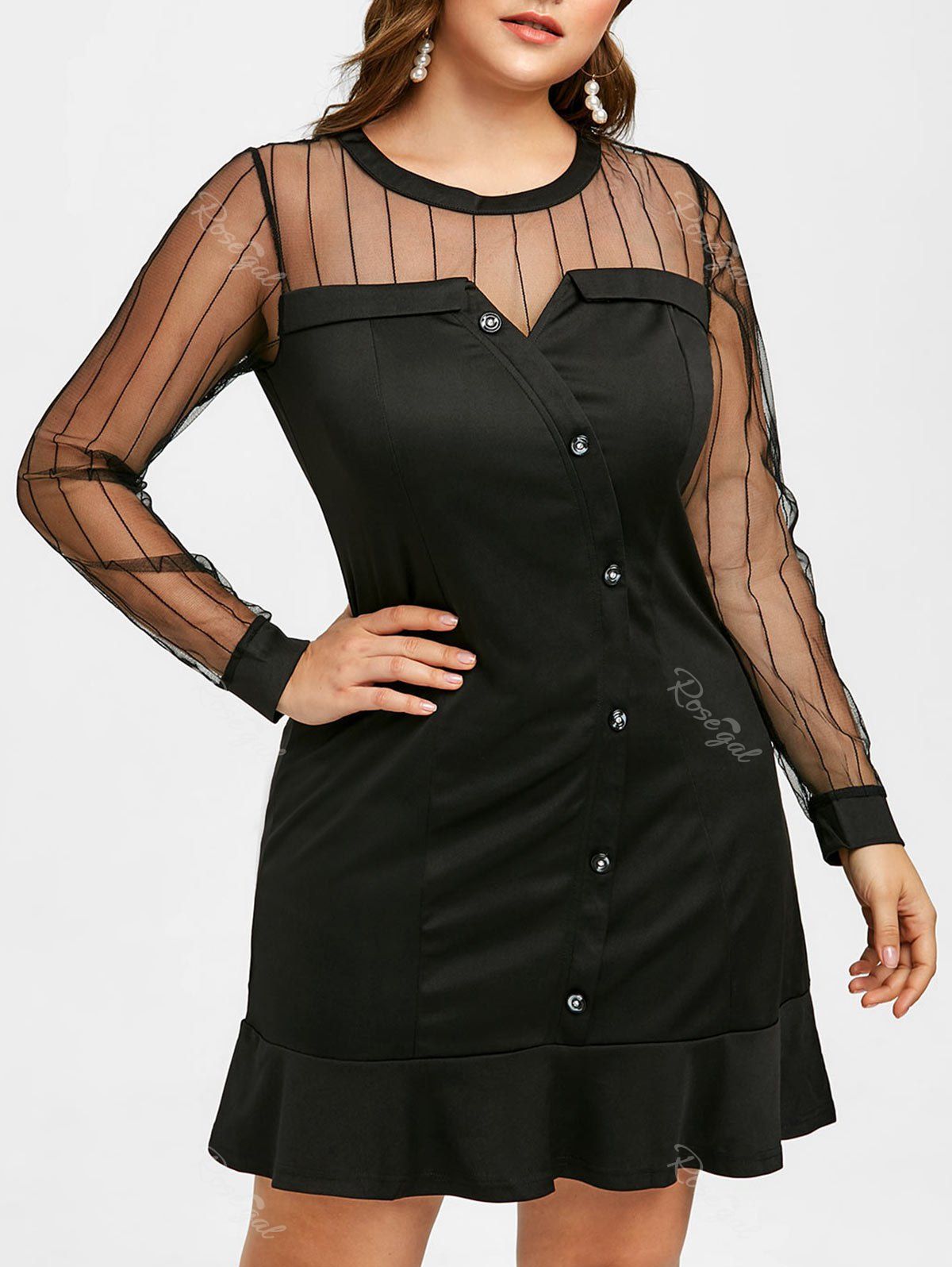 

Plus Size Mesh Panel Buttons Mini Dress, Black