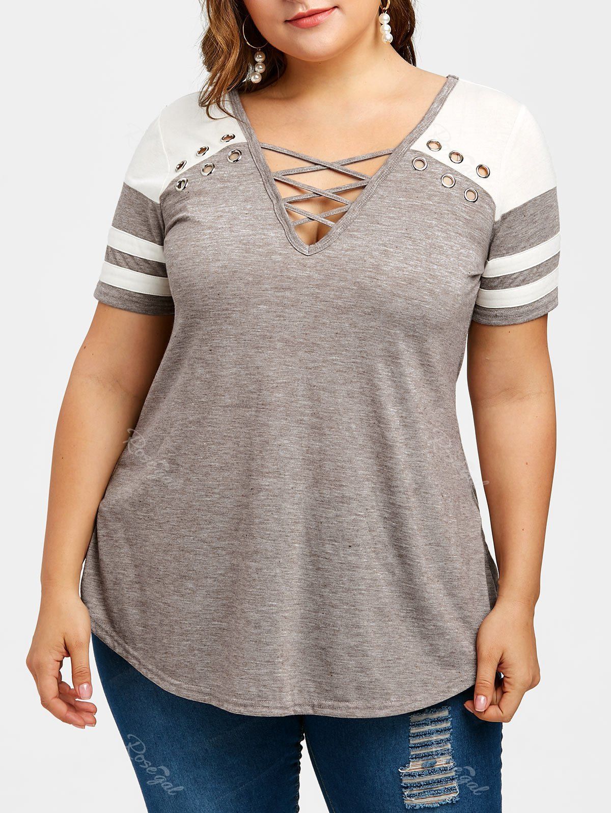 

Criss Cross Contrast Plus Size T-shirt, Gray