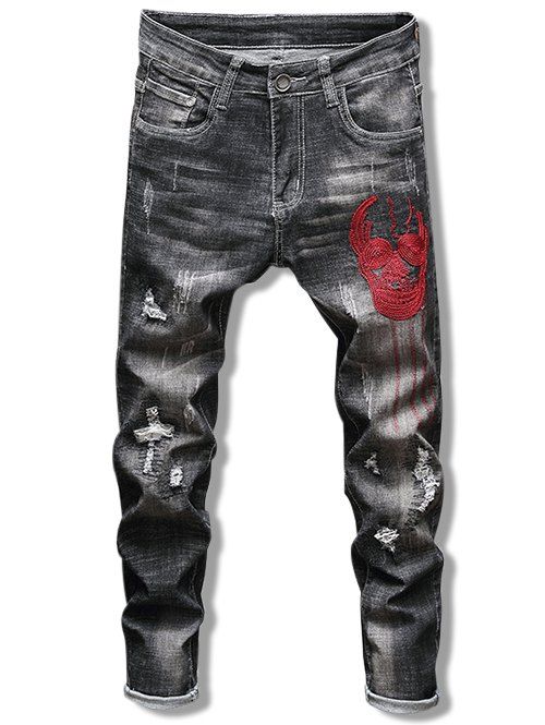 

Skull Pattern Embroidery Ripped Jeans, Ash gray