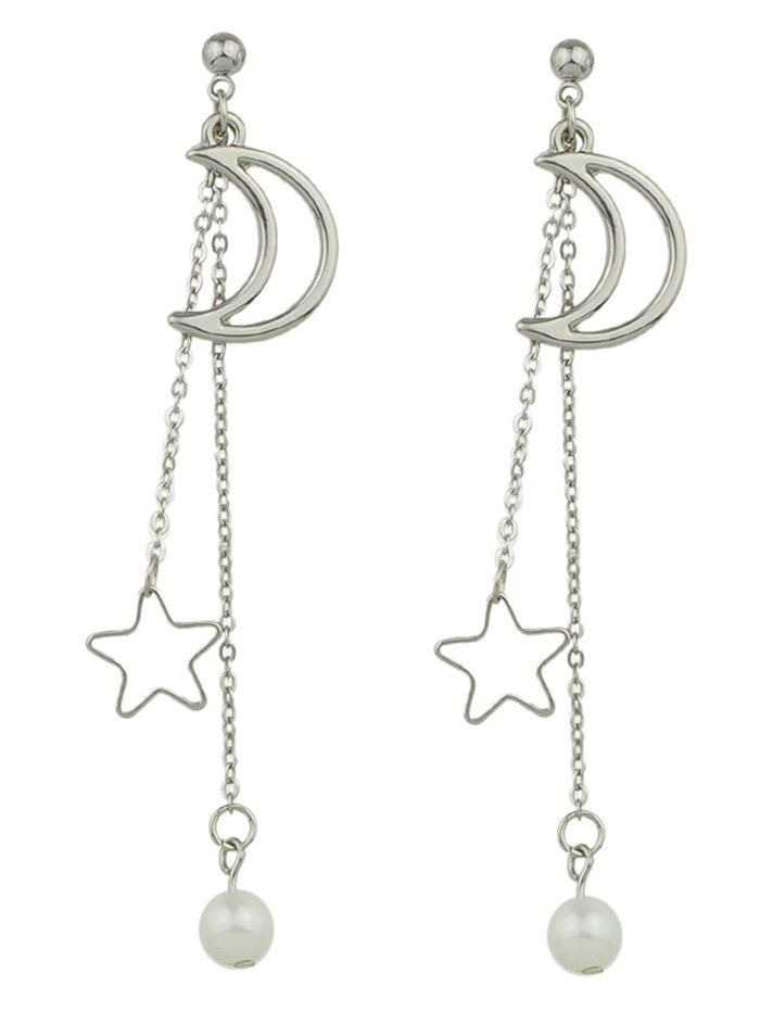 

Faux Pearl Moon and Star Drop Earrings, Silver