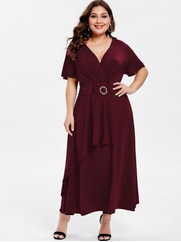 

Wrap Short Sleeve Overlap Dress, Red wine