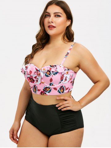 

Flower Plus Size Ruffles Bustier Bikini Set, Multi-a