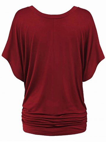 

Batwing Sleeve V Neck Ruched T-shirt, Red wine