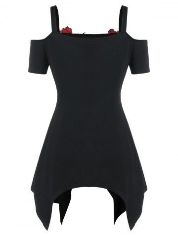 

Cold Shoulder Embroidered Asymmetrical Plus Size T-shirt, Black