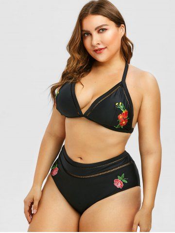 

Plus Size Floral Embroidery Halter Neck Triangle Bikini Set, Black