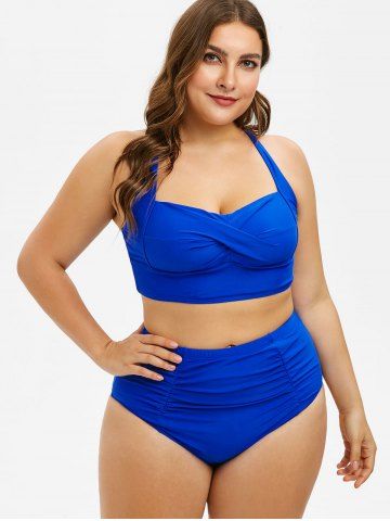 

Back Criss Cross Plus Size Ruched Bikini Set, Ocean blue