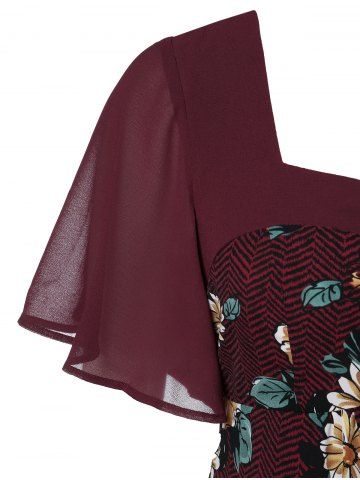 

Plus Size Sweetheart Neck Spliced Floral Blouse, Red wine