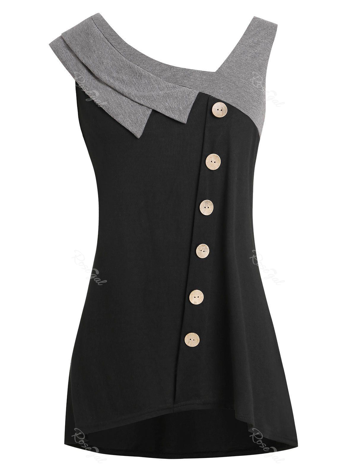 

Plus Size Asymmetrical Buttons Skew Neck Tank Top, Black
