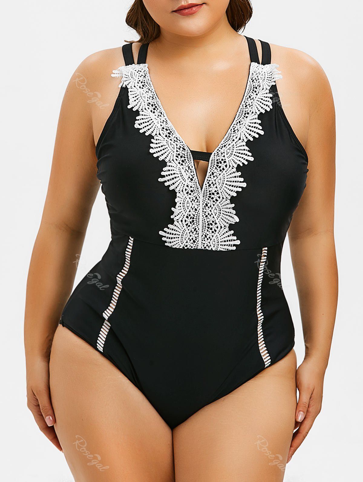 

Contrast Lace Criss Cross Plus Size Swimsuit, Black