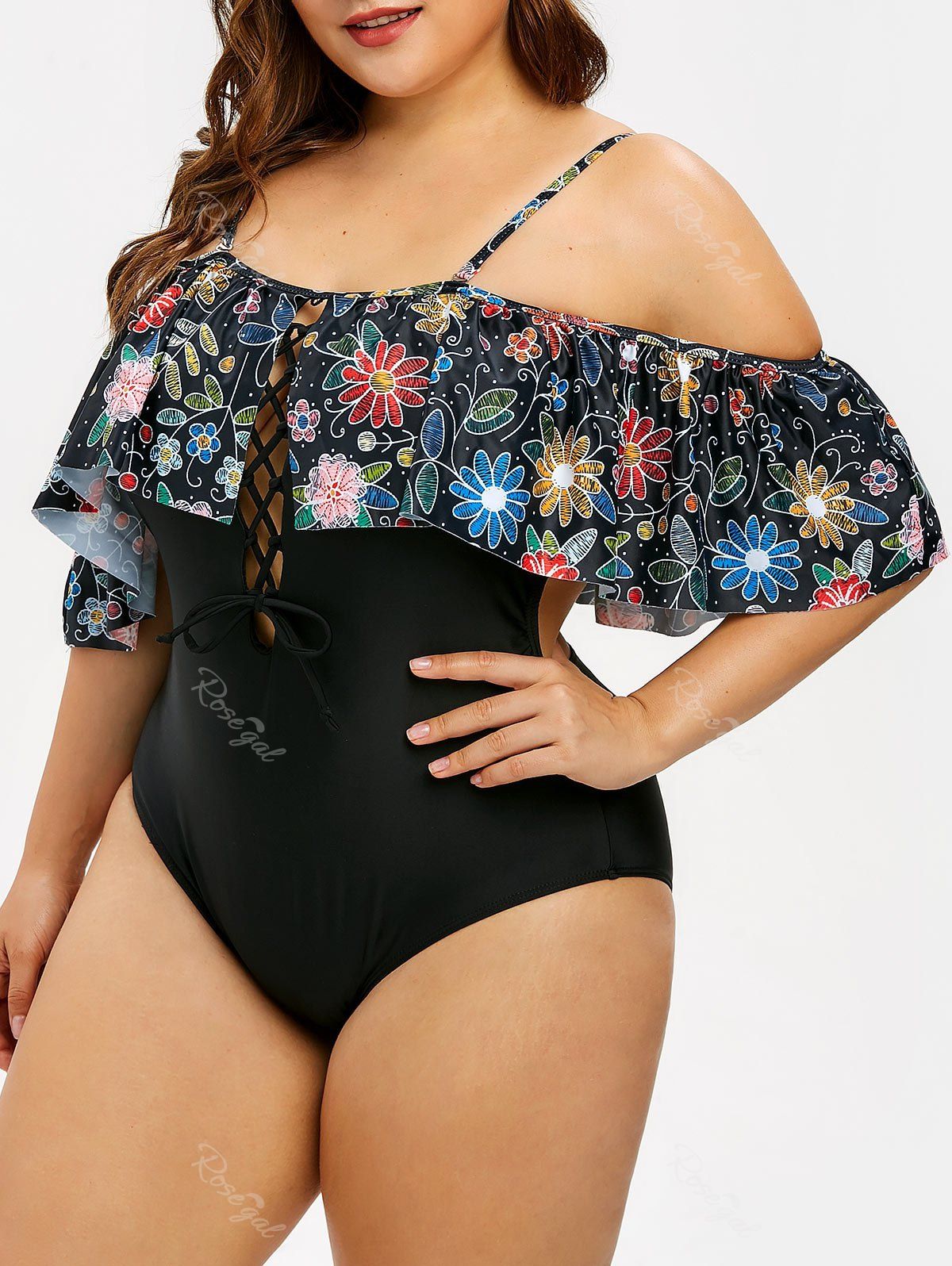 

Cut Out Plus Size Flounce Flower Swimsuit, Multi-b