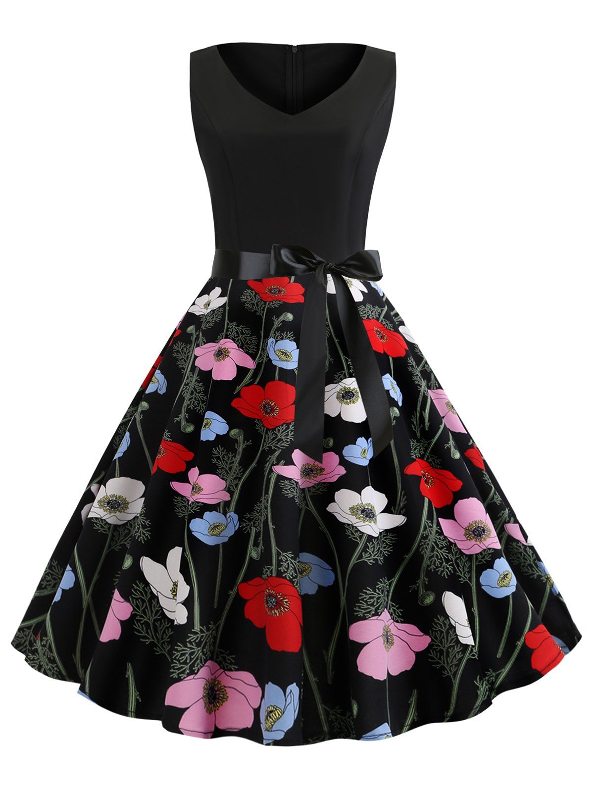 

Floral Print Sleeveless A Line Dress with Belt, Black
