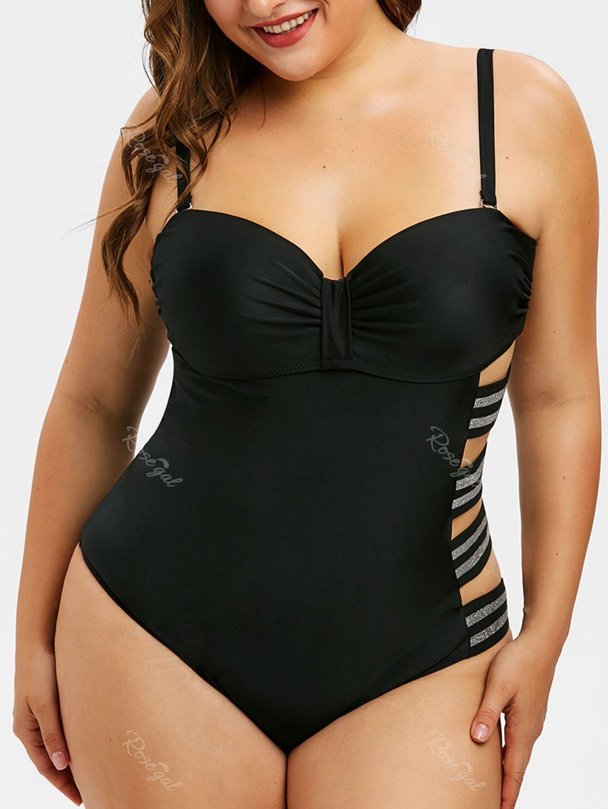 

Metallic Thread Plus Size Underwire Knot Swimsuit, Black