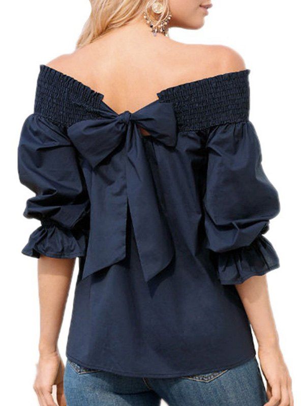 

Bowknot Off The Shoulder Ruffle Blouse, Cadetblue