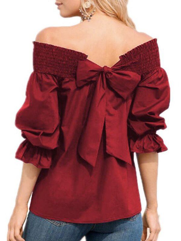 

Bowknot Off The Shoulder Ruffle Blouse, Red wine