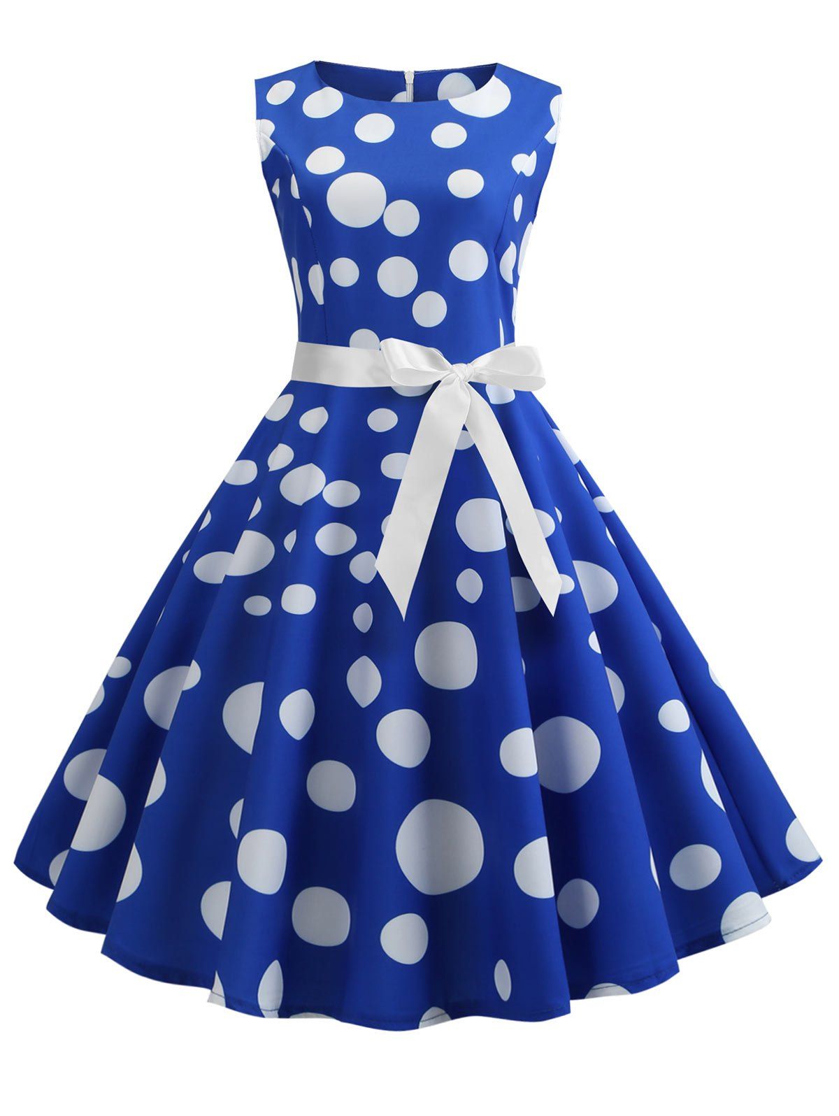 

Polka Dot Vintage A Line Dress with Belt, Blue