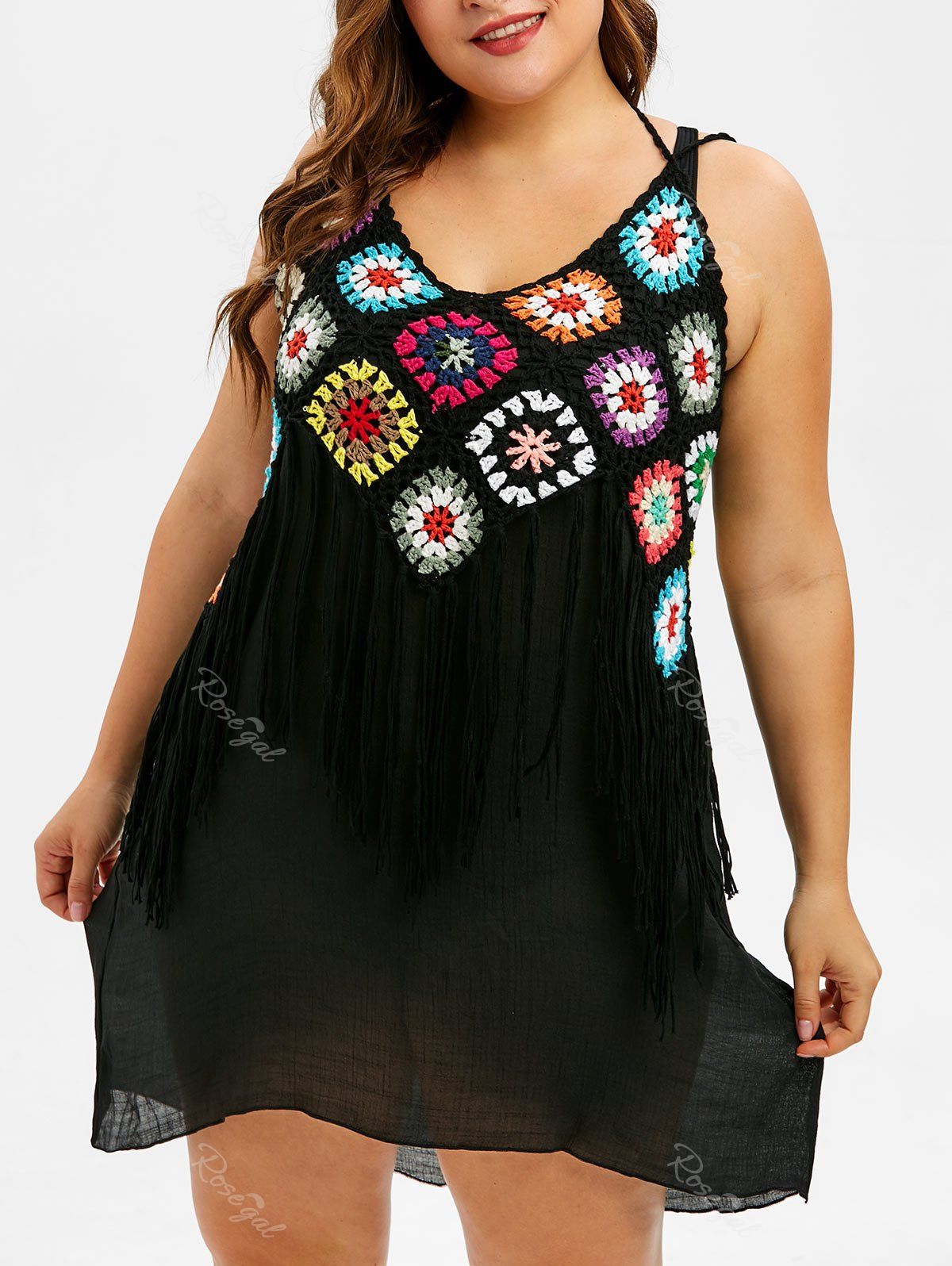 

Crochet Plus Size Fringed Cover Up Dress, Black