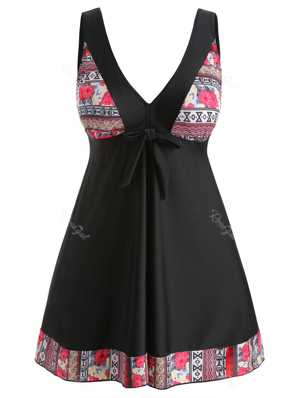 

Plunge Plus Size Floral Skirted Tankini Set, Black