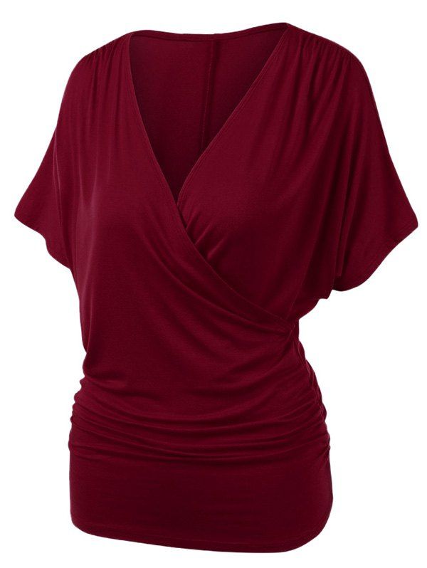 

Plus Size V Neck Ruched Draped Wrap T-shirt, Red wine