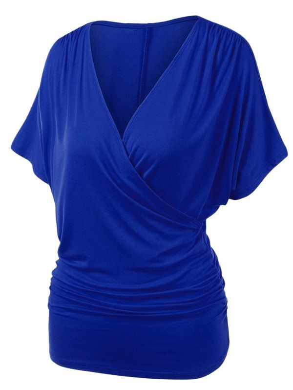 

Plus Size V Neck Ruched Draped Wrap T-shirt, Blue